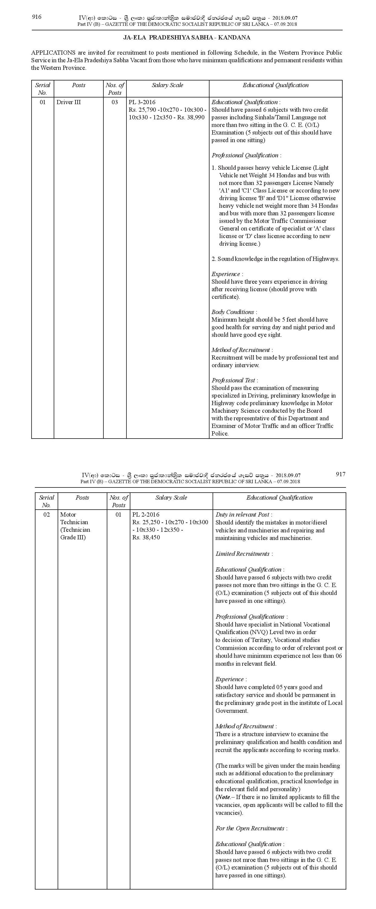 Office Official Assistant, Library Assistant, Driver, Motor Technician, Electrical Technician, Compounder, Watcher, Sanitary Labour, Work/Field Labour - Ja-Ela Pradeshiya Sabha